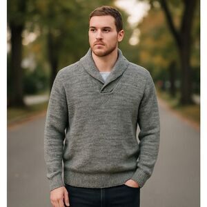 Weatherproof Vintage Chunky Knit Shawl Collar Pullover Sweater Gray Marled Men’s
